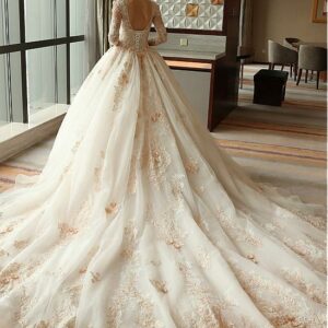 Gorgeous Flowers Lace 3/4-length Sleeve Wedding Dress | Long Train Princess Bridal Gown_Princess Wedding Dresses_Wedding Dresses_High Quality Wedding