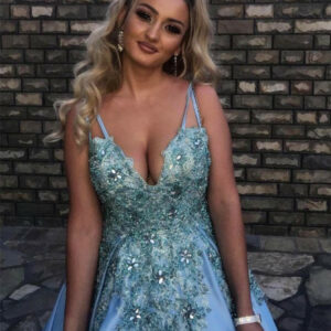Baby Blue V-Neck 2021 Evening Dress Lace Appliques Crystals Long Prom Gowns_Evening Dresses_Prom &amp; Evening_High Quality Wedding Dresses, Prom