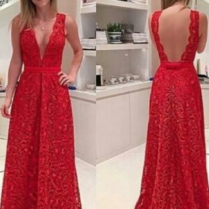 2021 Sexy Red Backless Deep-V-Neck Floor-length Evening Dress_Evening Dresses_Prom &amp; Evening_High Quality Wedding Dresses, Prom Dresses, Eveni