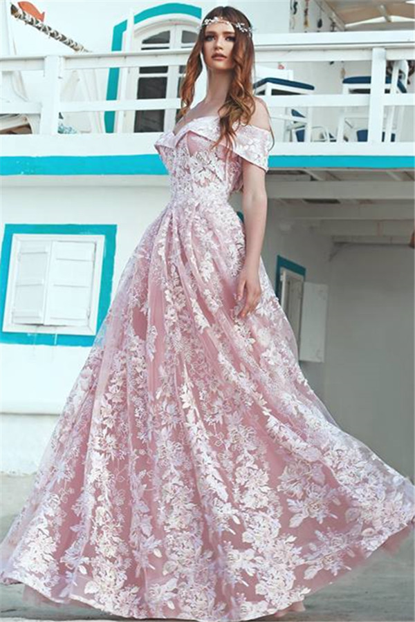 Bastante rosa fuera del hombro vestidos de noche baratos | Nuevo en vestido formal largo de encaje