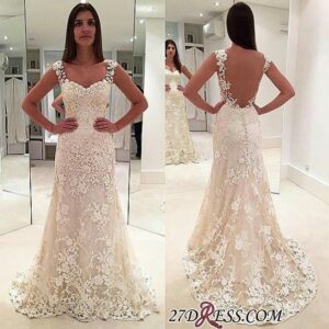 Backless Lace Straps Elegant Mermaid Sleeveless Wedding Dresses_Trumpet / Mermaid Wedding Dresses_Wedding Dresses_High Quality Wedding Dresses, Prom D