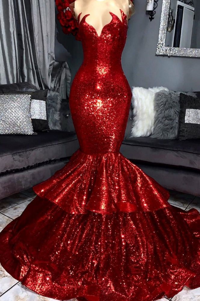 Vestido de fiesta de sirena roja brillante con volantes | Elegantes vestidos de noche con brillantes detalles.