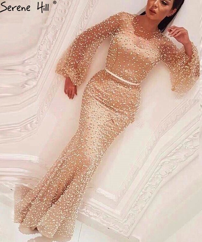 2021 Glamorous Gold Crew Long Sleeves Mermaid Prom Gown | Floor Length Beadings Evening Dress On Sale_Prom Dresses_Prom &amp; Evening_High Quality