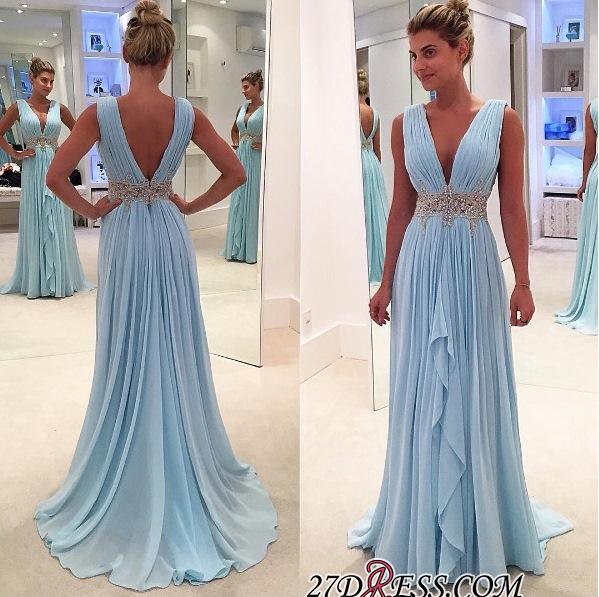 2021 Glamorous Ruffles A-Line V-Neck Blue Appliques Sleeveless Prom Dresses BA4574_Prom Dresses_Prom &amp; Evening_High Quality Wedding Dresses, P