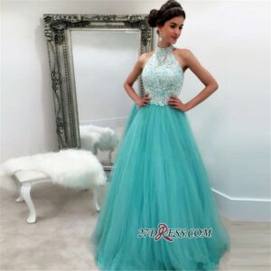 2021 Lace Tulle Elegant Sleeveless High-Neck A-line Evening Dress_Evening Dresses_Prom &amp; Evening_High Quality Wedding Dresses, Prom Dresses, E