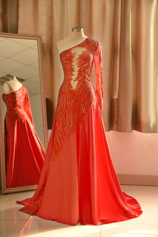 Vestido de fiesta de una línea de color rojo transparente con un hombro sexy Diseño de babyonlinedress