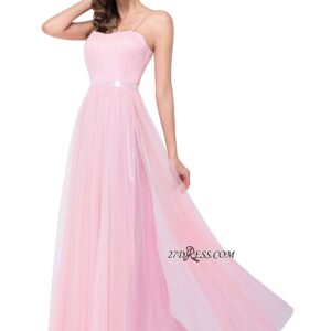 Pink A-Line Ruffles Spaghetti-Straps Simple Open-Back Evening Dress_Clearance_High Quality Wedding Dresses, Prom Dresses, Evening Dresses, Bridesmaid
