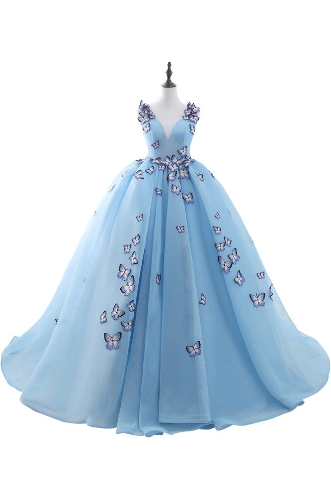 BREANNA | Vestidos de fiesta de gasa azul cielo princesa V cuello capilla gasa con apliques de mariposa