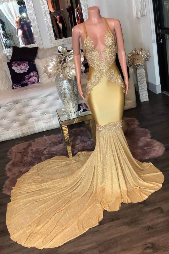 Impresionantes apliques dorados espagueti largos vestidos de noche de sirena