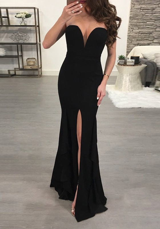 Vestido de noche sexy negro cariño | Vestido de fiesta sirena 2021 con raja