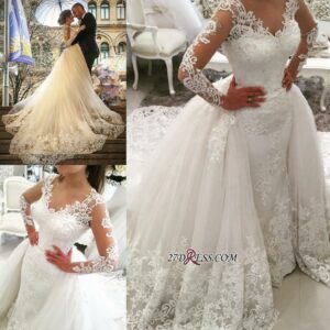 2021 Tulle Long-Sleeves V-Neck Elegant Appliques Detachable-Skirt Wedding Dress BA4167_2021 Wedding Dresses_Wedding Dresses_High Quality Wedding Dress