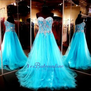 Sweetheart Blue Crystals Tulle Long Luxurious Beaded A-line Evening Dresses_Evening Dresses_Prom &amp; Evening_High Quality Wedding Dresses, Prom