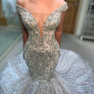 2021 Gorgeous Off-The-Shoulder V Neck Sleeveless Wedding Dress | Mermaid Beading Appliques Bridal Gown On Sale_2021 Wedding Dresses_Wedding Dresses_Hi