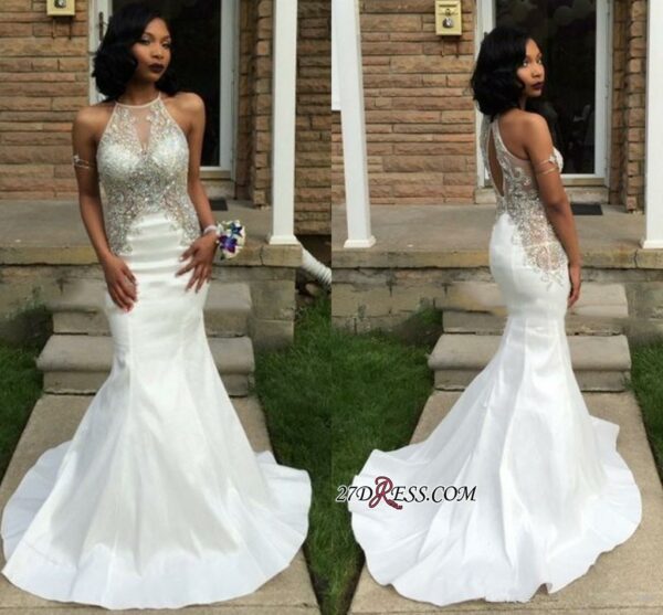 2021 Crystal Sleeveless Mermaid Sexy White Halter Prom Dress BK0_Prom Dresses_Prom &amp; Evening_High Quality Wedding Dresses, Prom Dresses, Eveni