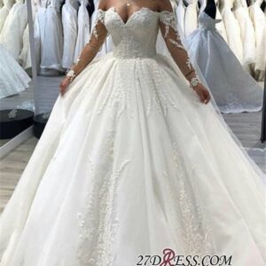 Vintage Ball-Gown Lace Appliques Bridal Gown | Long-Sleeves Off-The-Shoulder Wedding Dresses_Ball Gown Wedding Dresses_Wedding Dresses_High Quality We