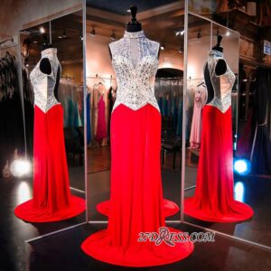 Sweep-Train Crystals High-Neck Sleeveless Red Newest Evening Dress_Evening Dresses_Prom &amp; Evening_High Quality Wedding Dresses, Prom Dresses,