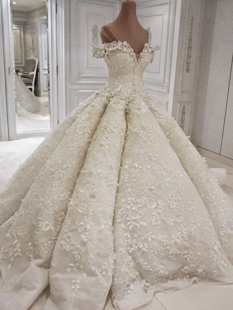 Elegante vestido de novia vestido de bola de flores en 3D de lujo fuera del hombro