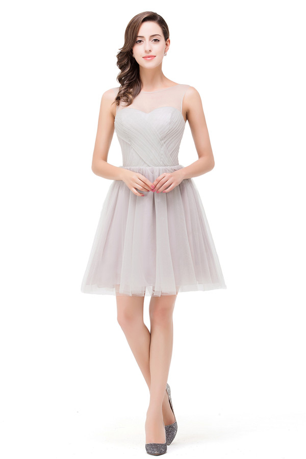 HARLOW | Elegant A-line Crew Mini Silver Bridesmaid Dresses With Ruffle
