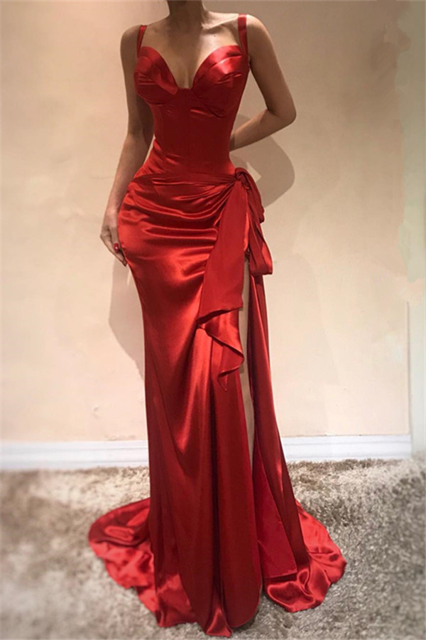 Preciosas correas rojas vestidos de noche | Ruffles Side Slit vestidos de fiesta sin mangas