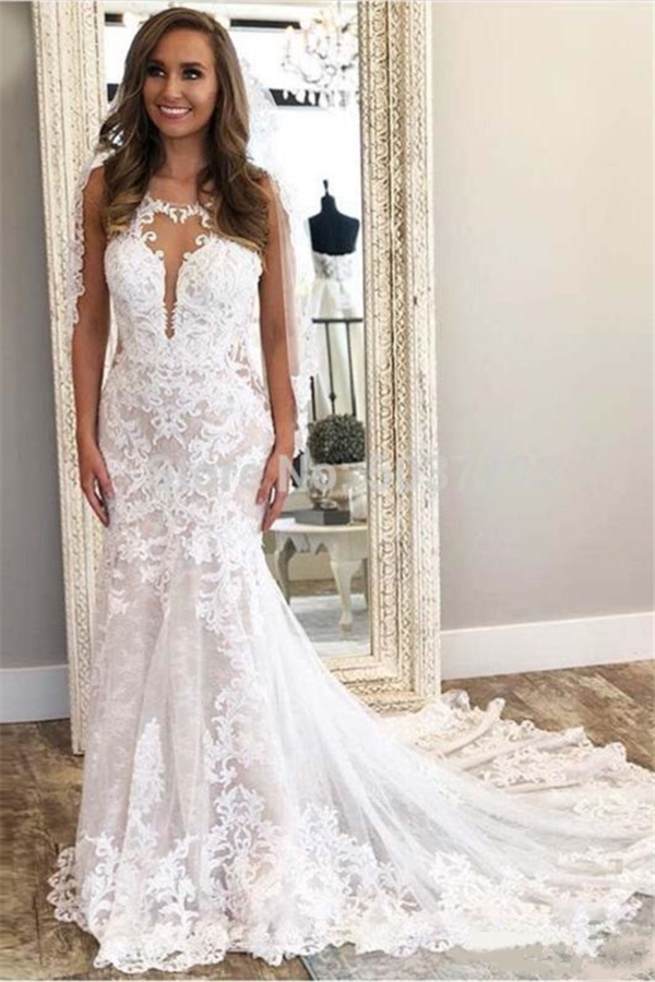 Vestido de novia de encaje columna sexy sin mangas en línea