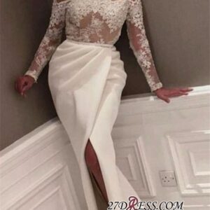 White Off-the-Shoulder Long Sleeve Prom Dress | 2021 Lace Prom Dress With Slit_Evening Dresses_Prom &amp; Evening_High Quality Wedding Dresses, Pr