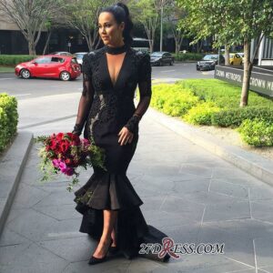 2021 Deep-V-Neck Mermaid Long-Sleeves Lace Appliques Puffy Hi-lo Black Prom Dresses BC0309_Prom Dresses_Prom &amp; Evening_High Quality Wedding Dr