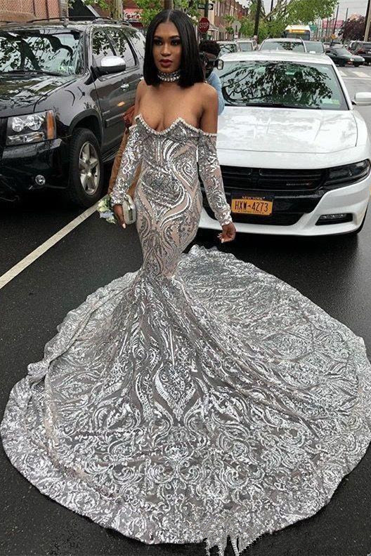 Vestido de fiesta de lujo con lentejuelas plateado de manga larga de novia de moda 2021