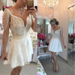 Glamorous Short Lace Pearls Cocktail Dress 2021 V-neck Open Back BT0_Short Dresses_Prom &amp; Evening_High Quality Wedding Dresses, Prom Dresses,