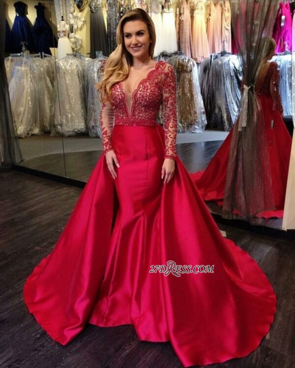 V-Neck Luxury Red Beading Mermaid Long-Sleeves Open-Back Overskirt Evening Gowns_Evening Dresses_Prom &amp; Evening_High Quality Wedding Dresses,