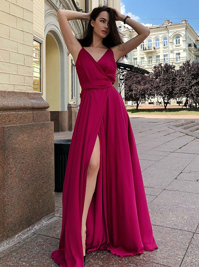 2021 Front Split Spaghetti Strap Long Evening Gown | 2021 V Neck Sleeveless Prom Dress On Sale_Prom Dresses_Prom &amp; Evening_High Quality Weddin
