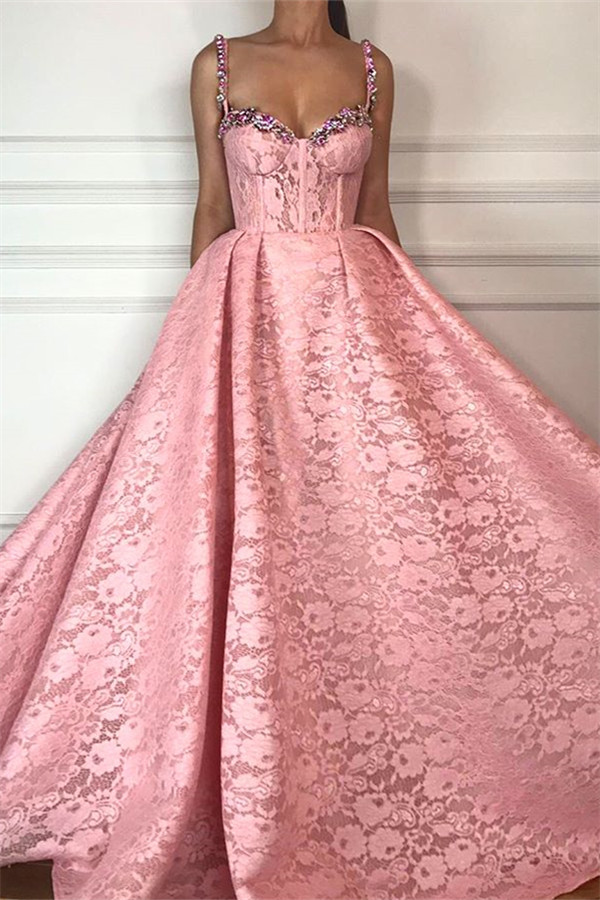 Fantástico vestido de fiesta con tirantes y escote corazón vestido de fiesta | Precioso vestido de fiesta largo con cuentas de encaje rosa