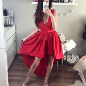 A-line Stylish V-neck Red Red High-low Evening Dress_Evening Dresses_Prom &amp; Evening_High Quality Wedding Dresses, Prom Dresses, Evening Dresse