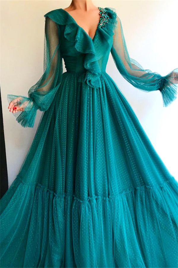 Elegante vestido de fiesta de manga larga con cuello en V | Vestido de fiesta largo verde con cuentas asequibles