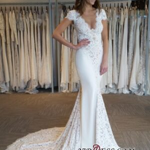 2021 Elegant Cap Sleeve Mermaid V-Neck Lace Applique Wedding Dresses Online_2021 Wedding Dresses_Wedding Dresses_High Quality Wedding Dresses, Prom Dr