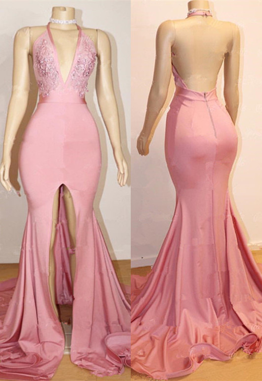 Elegante rosa vestido de fiesta | Vestido de noche de encaje sin espalda con hendidura BA9087