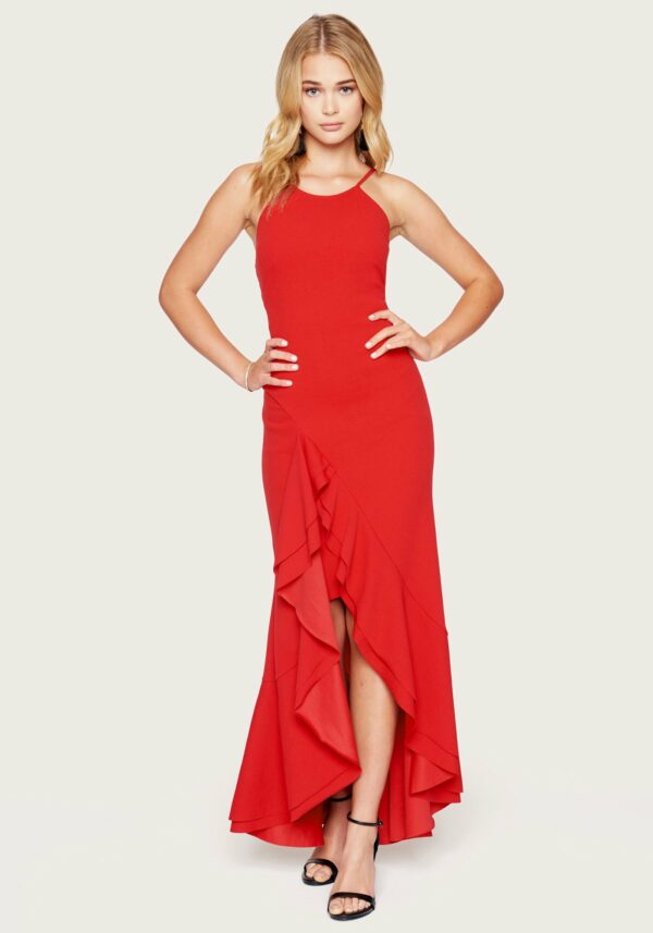 Bebe Women's Flounce Strappy Maxi Dress, Size 10 in Red Spandex