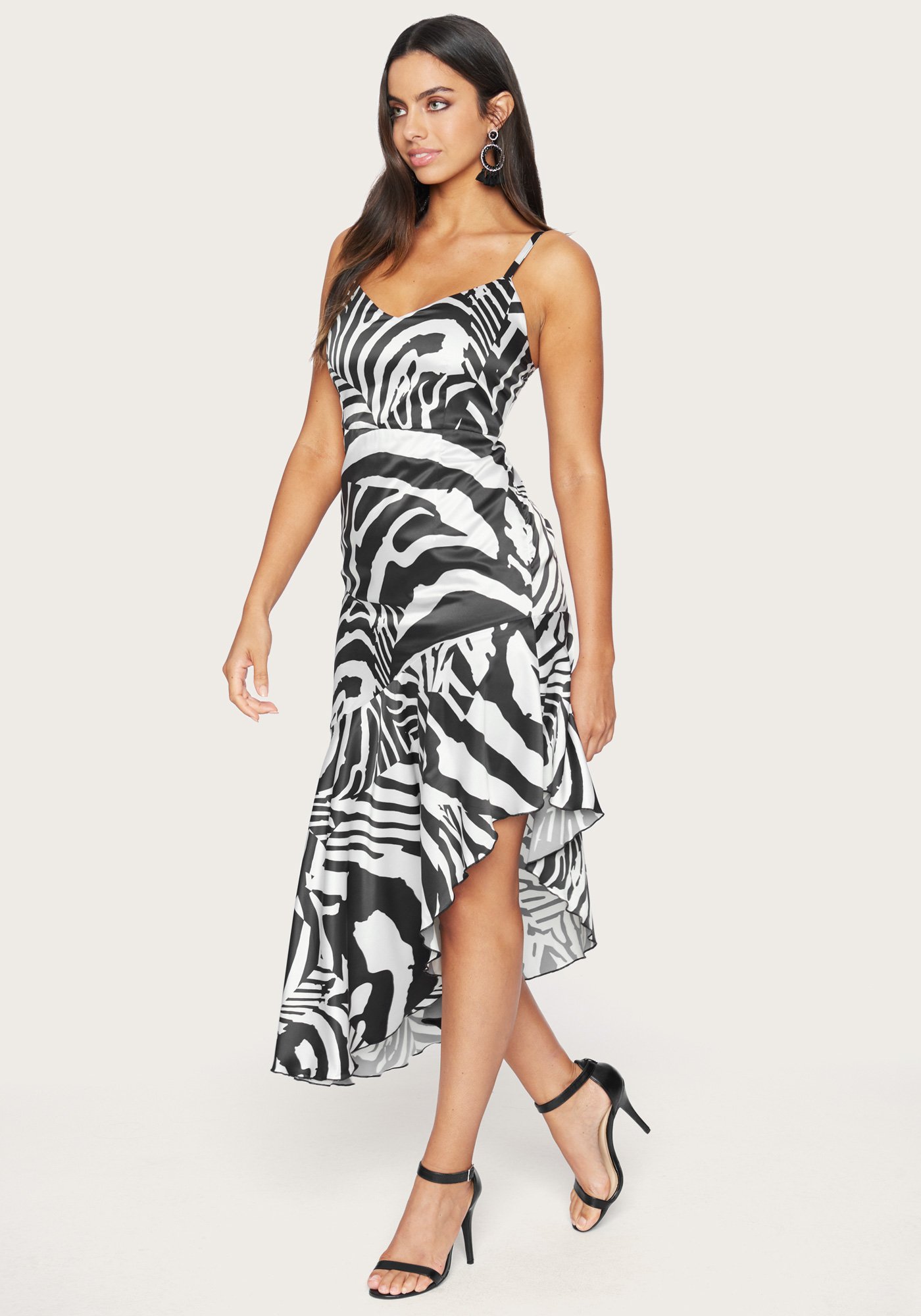 Bebe Women's Print Angled Ruffle Midi Dress, Size 00 in Abstract Zebra Spandex