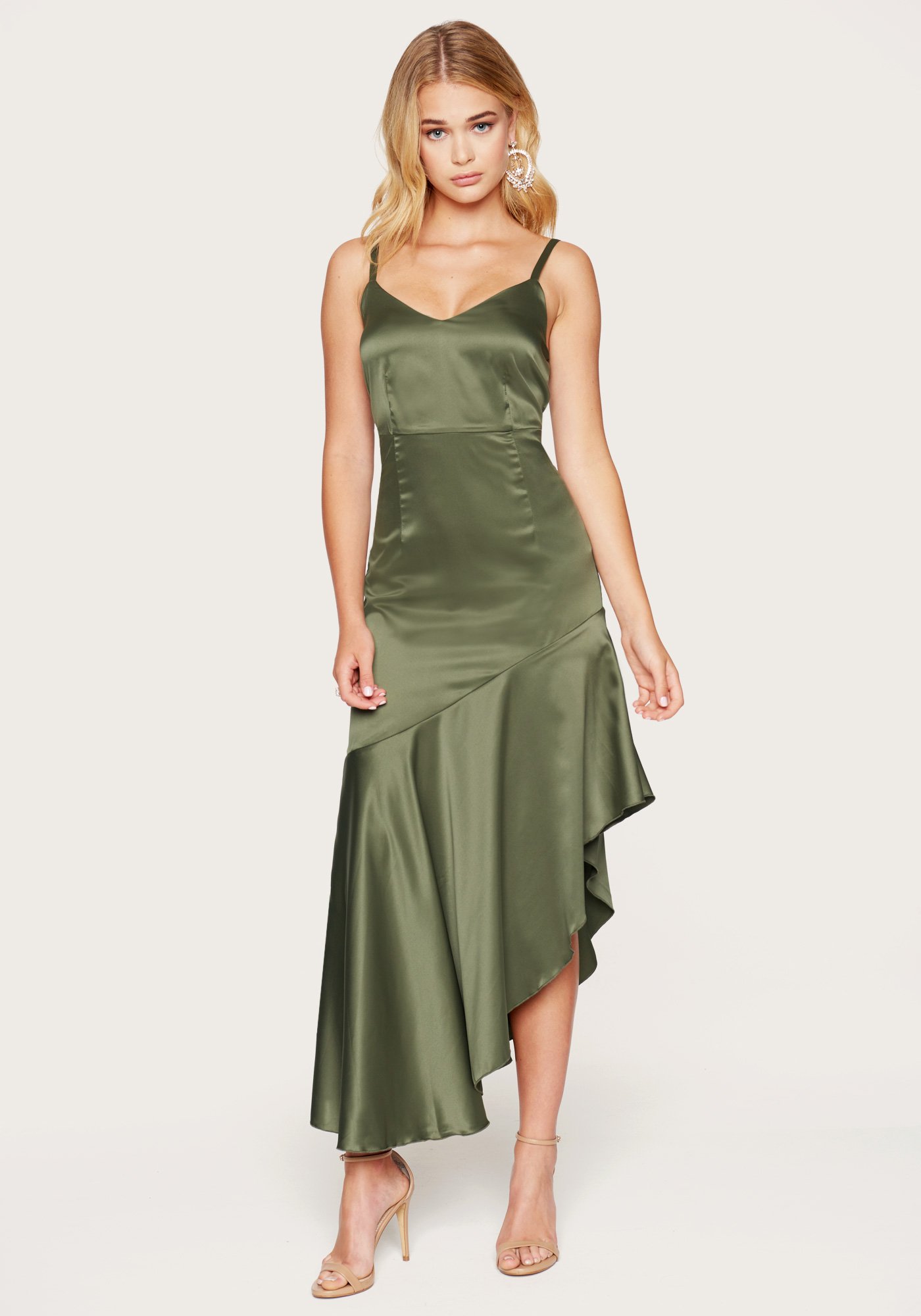 Bebe Women's Angled Ruffle Midi Dress, Size 4 in Dusty Olive Spandex