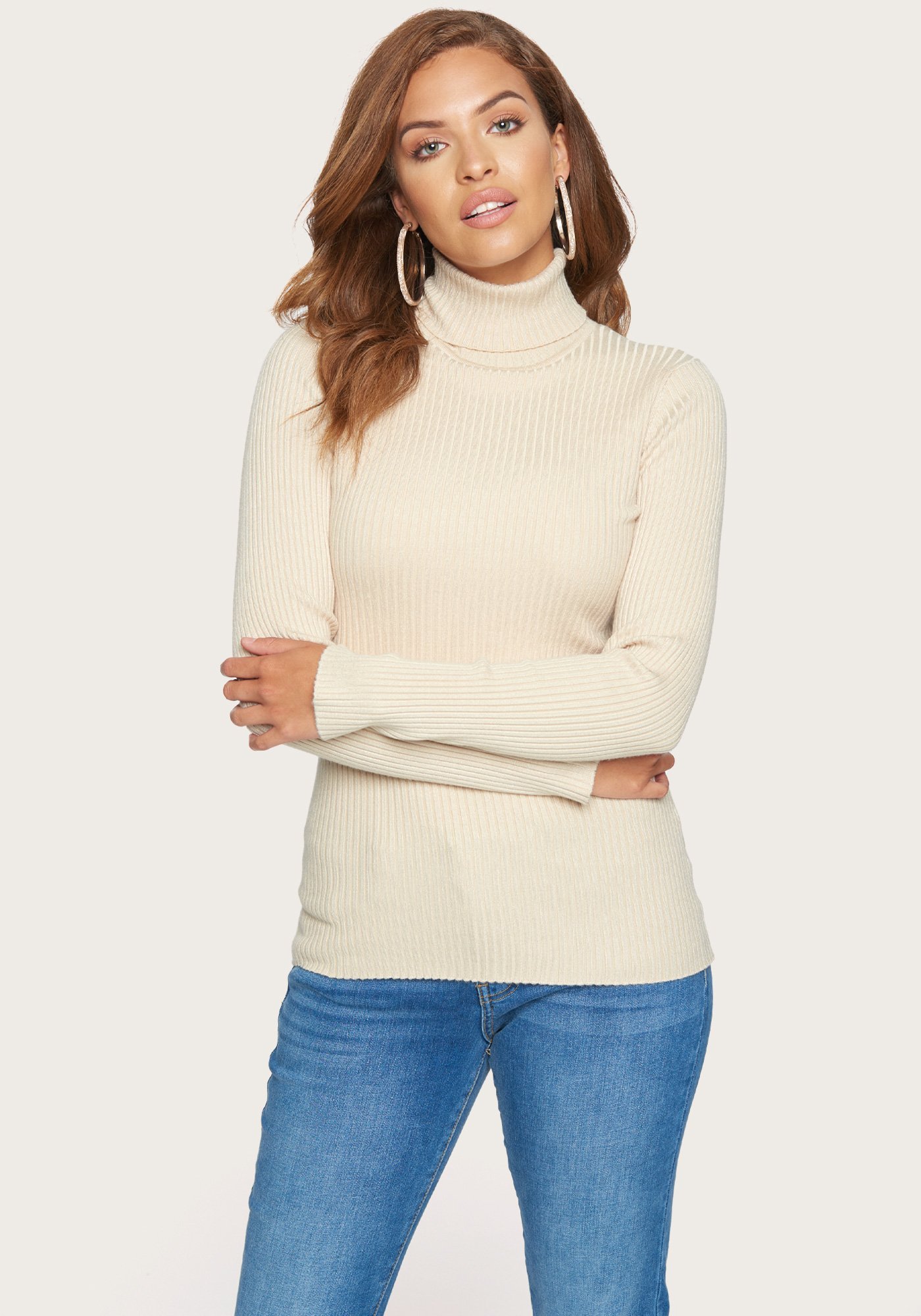 Bebe Women's Turtleneck Sweater, Size Medium in Sandshell Viscose/Nylon