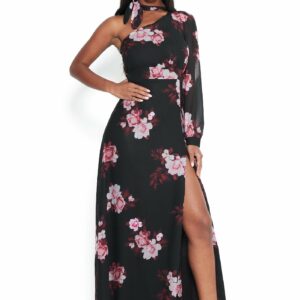 Bebe Women's Print Front Slit Maxi Dress, Size Large in Abstract Roses Polyester