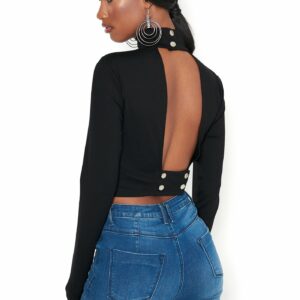 Bebe Women's Open Back Top, Size XL in Black Nylon/Spandex