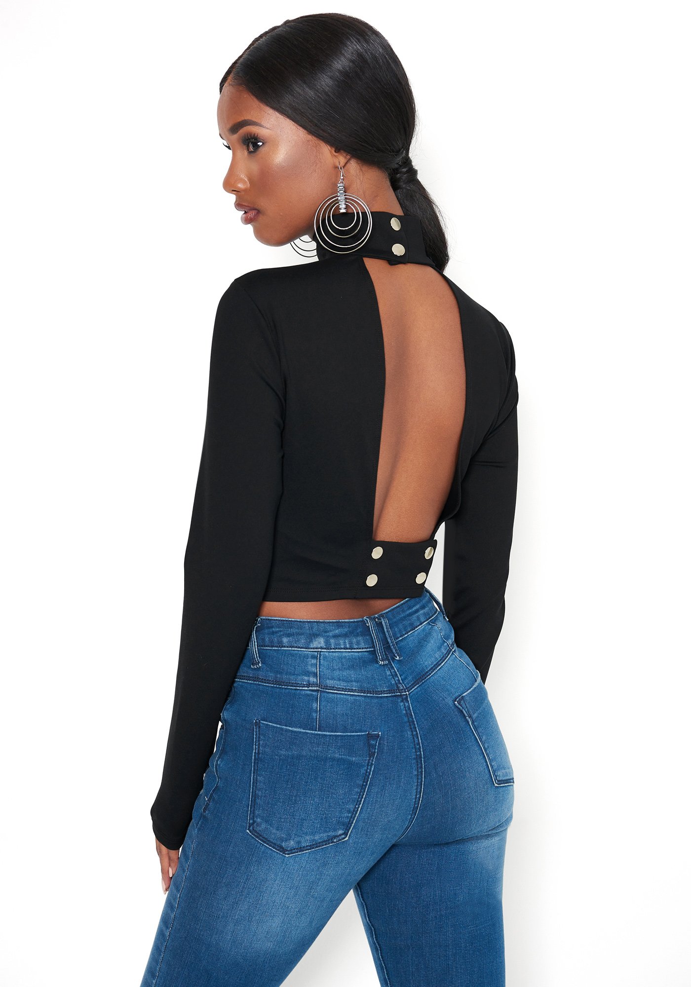 Bebe Women's Open Back Top, Size Large in Black Nylon/Spandex