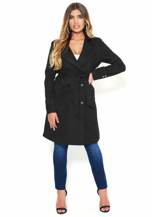 Bebe Women's Faux Suede Trench Coat, Size XL in Black Suede/Spandex