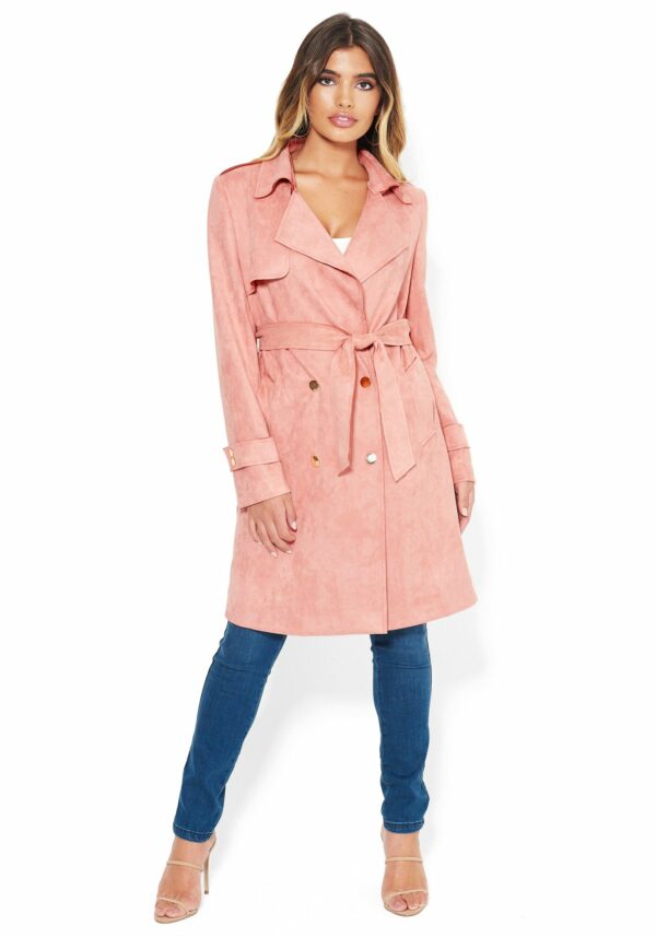 Bebe Women's Faux Suede Trench Coat, Size Small in Mitsy Rose Suede/Spandex