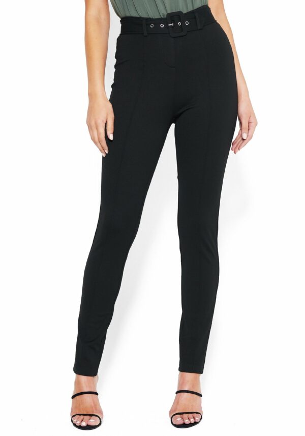 Bebe Women's Belted Straight Leg Trousers, Size 12 in Black Spandex/Nylon