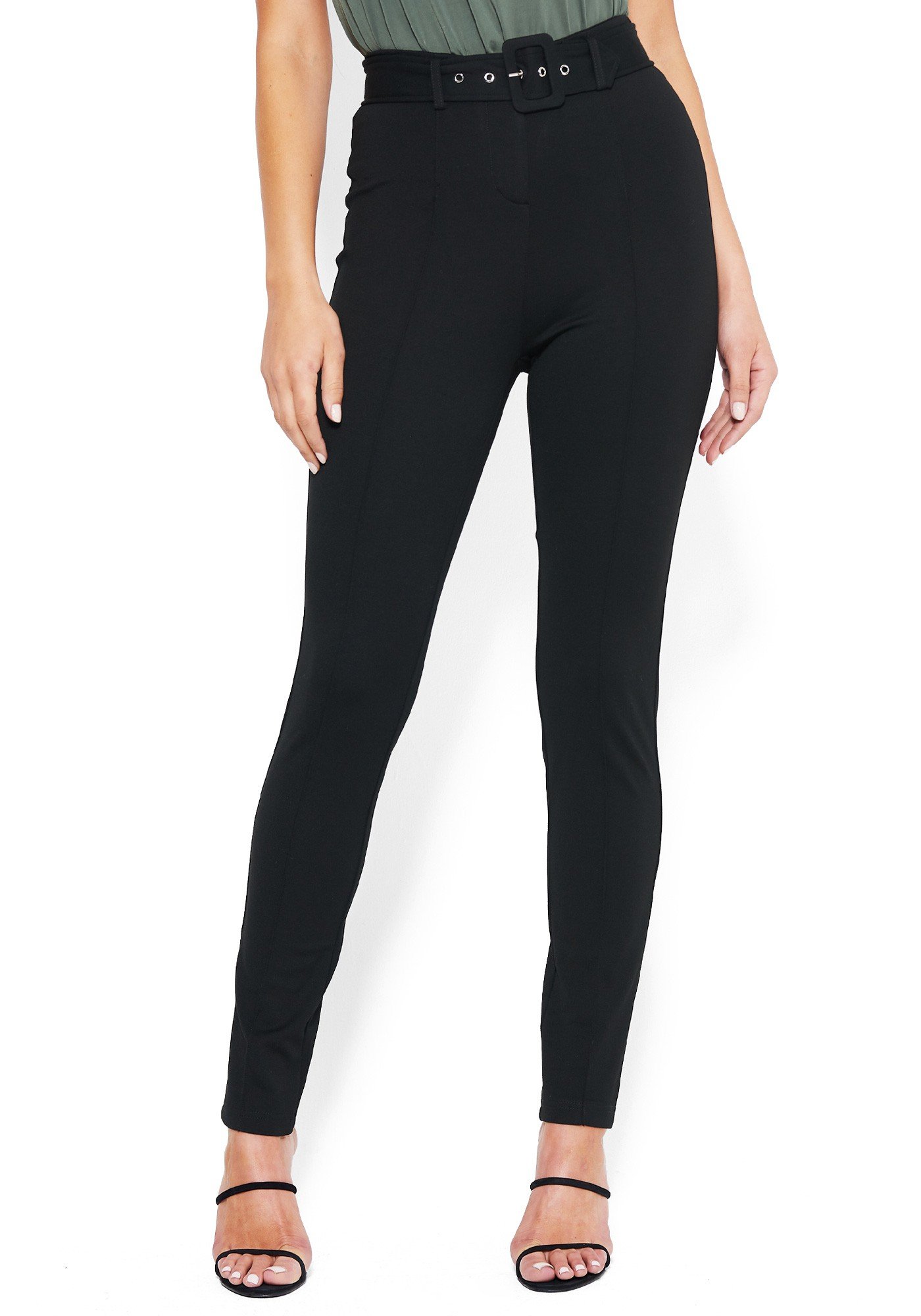 Bebe Women's Belted Straight Leg Trousers, Size 8 in Black Spandex/Nylon