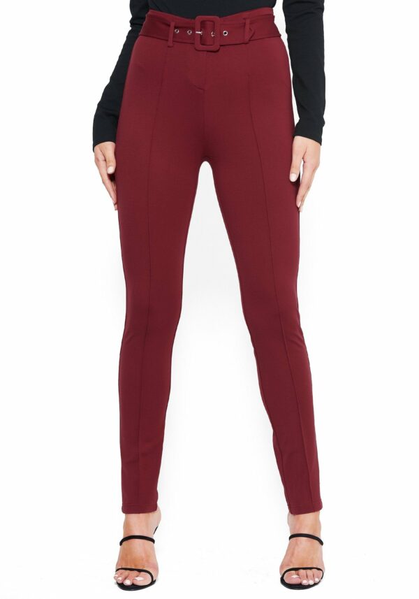 Bebe Women's Belted Straight Leg Trousers, Size 4 in Crimson Spandex/Nylon