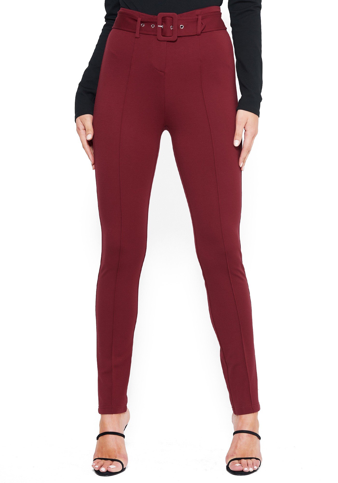 Bebe Women's Belted Straight Leg Trousers, Size 2 in Crimson Spandex/Nylon