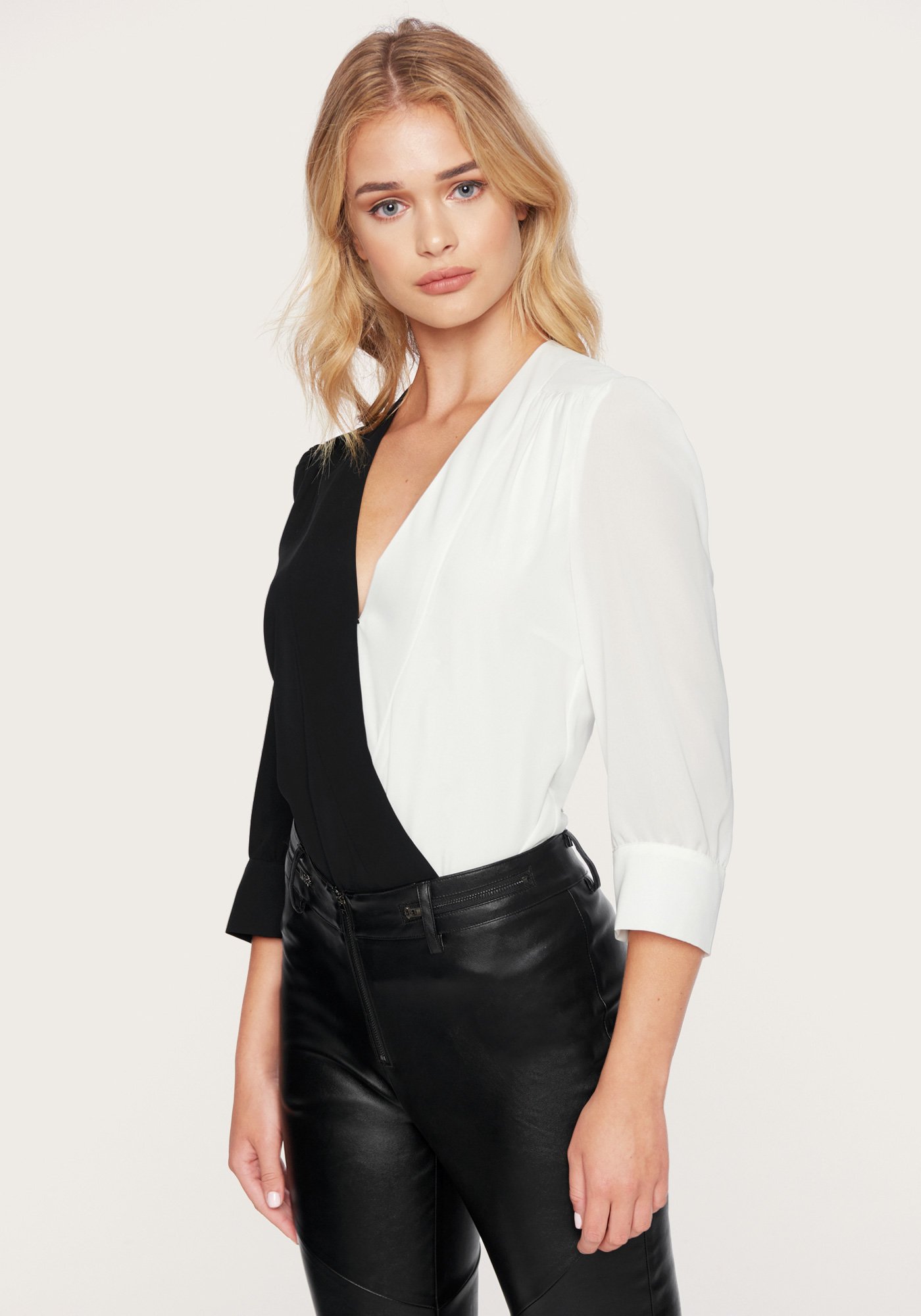 Bebe Women's Colorblock Wrap Bodysuit, Size XS in Black/Egret Polyester