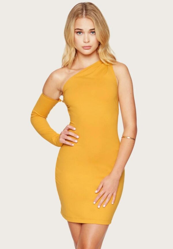 Bebe Women's Dana Knit One Shoulder Dress, Size XL in Mustard Nylon/Spandex